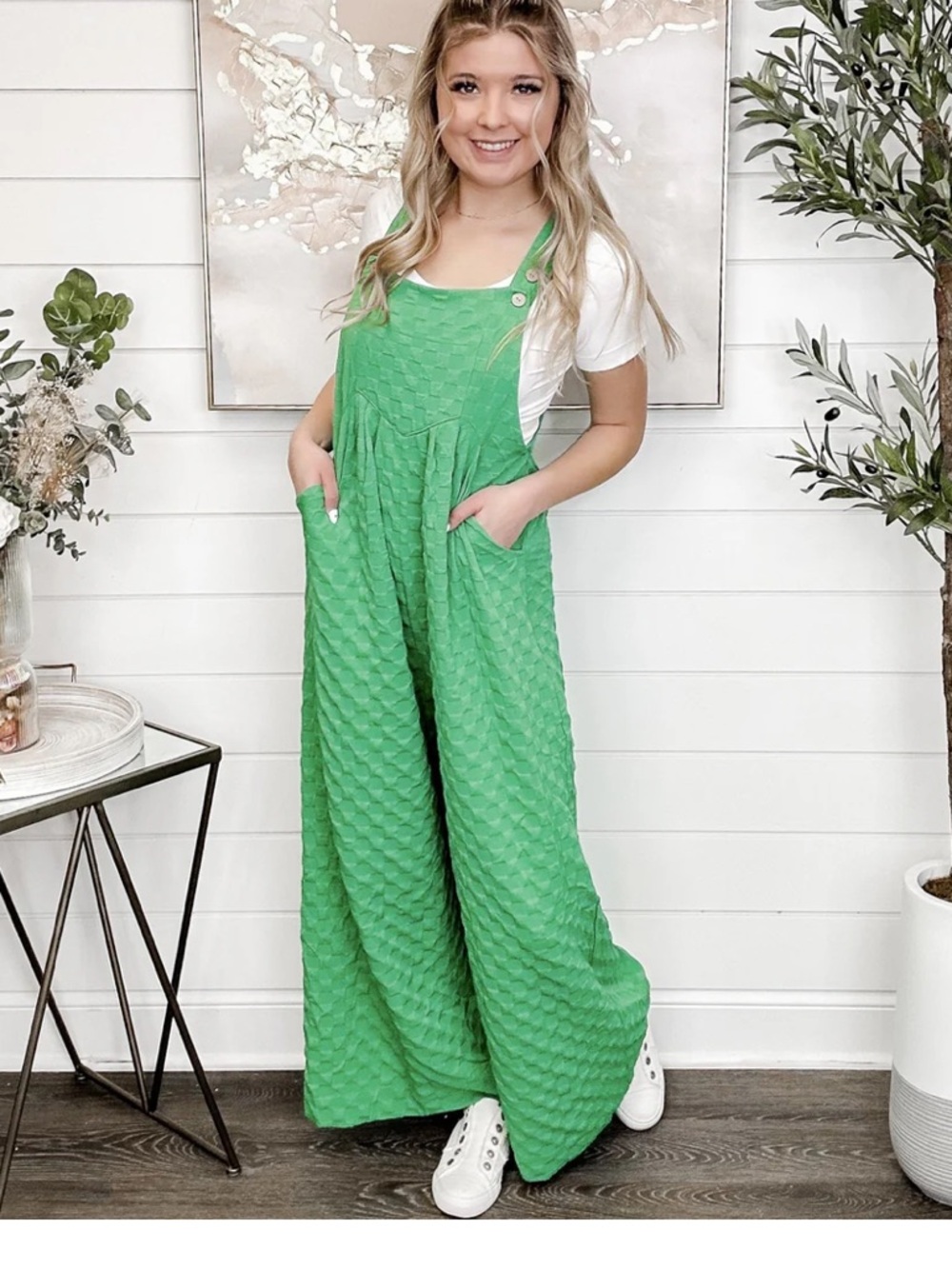 SHEIN Green Textured Wide-Leg Jumpsuit